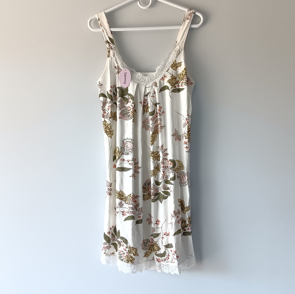 New Samring Lingerie Nightgown Lace Floral Tank V-Neck White Pink Green Medium